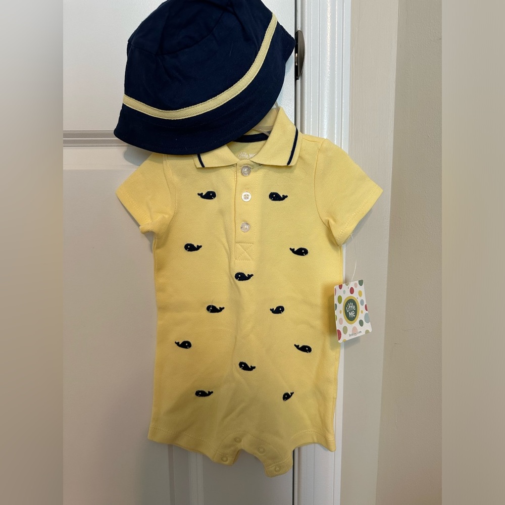 Little me Yellow with Navy Detail Whale Romper and Matching Hat. Size 6 months.